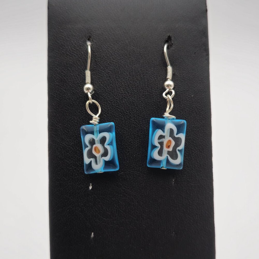 Sterling Silver Handmade Blue Glass Flower Dangle Earrings A3116
